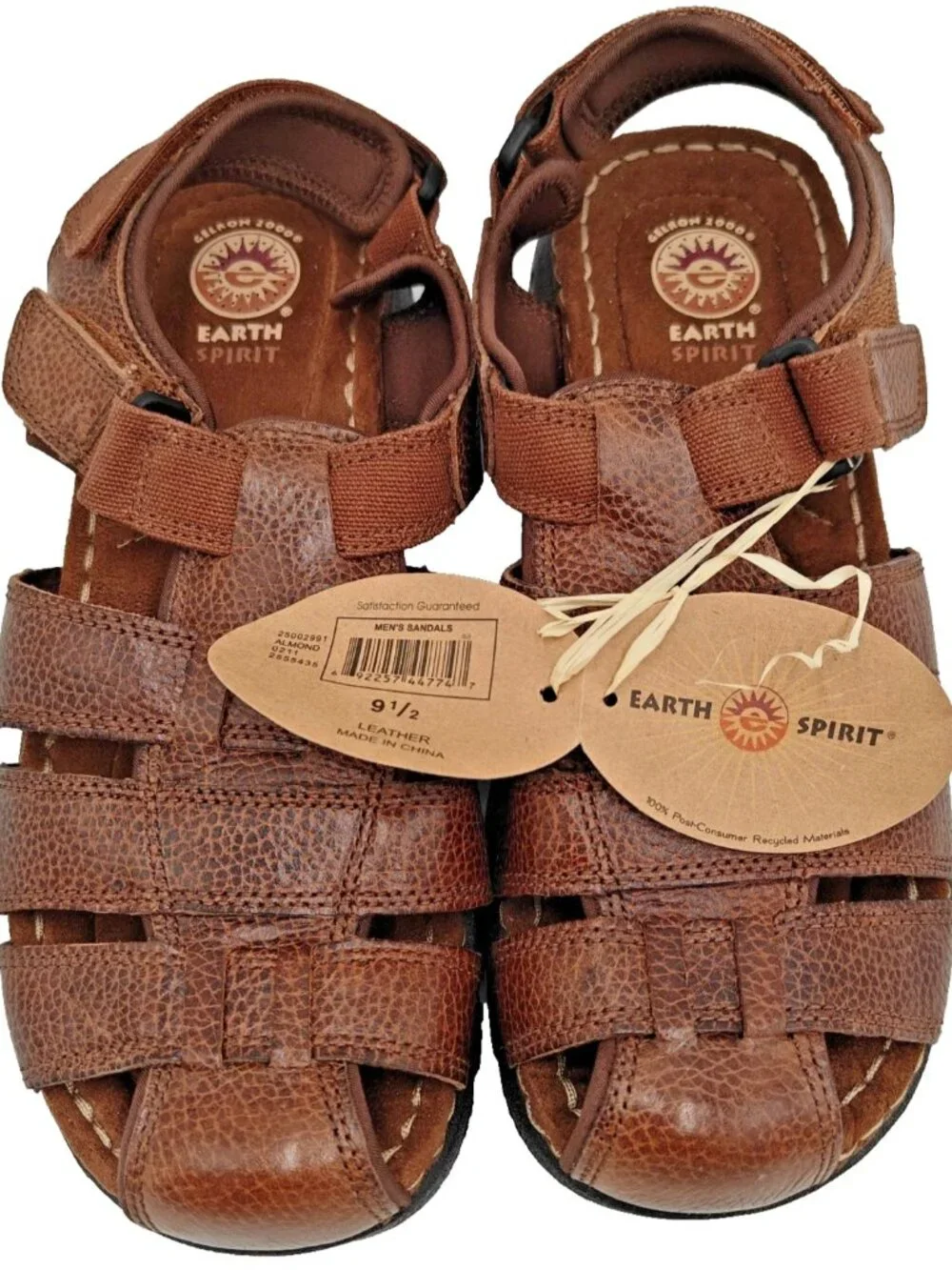 Earth Spirit Gelron 2000 Mens 9.5 Cognac Leather Fisherman Sandals Almond